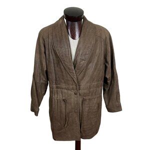 Verducci Mens‎ Vintage Leather Shawl Neck 80's Brown Draw String Coat Size Large